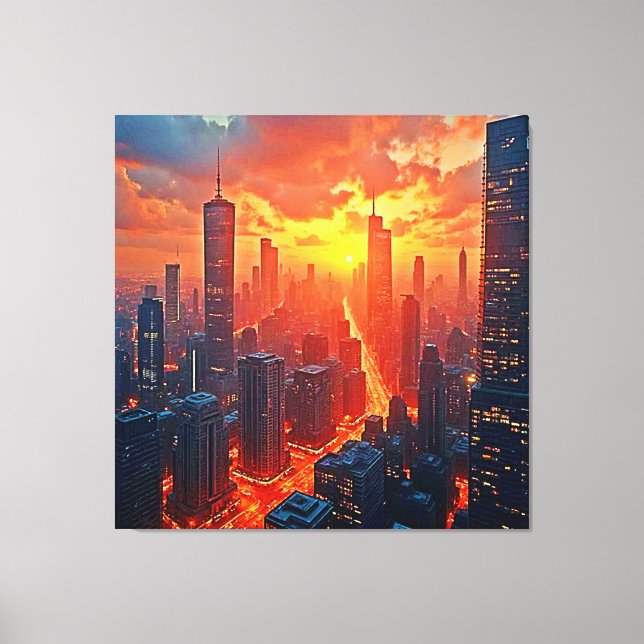 Impressão Em Tela Golden Skyline: Radiant City Sunset Art (Frente)