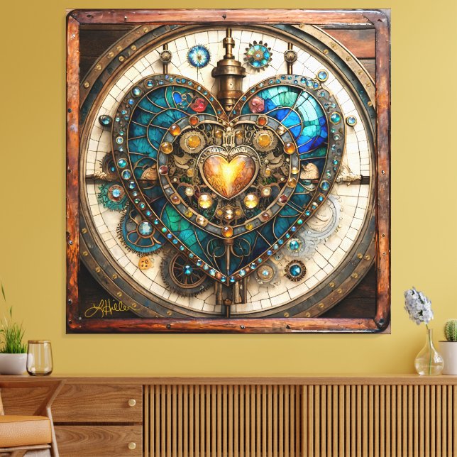 Impressão Em Tela Golden Stained Glass Heart Steampunk Series (Insitu(Sala de estar))
