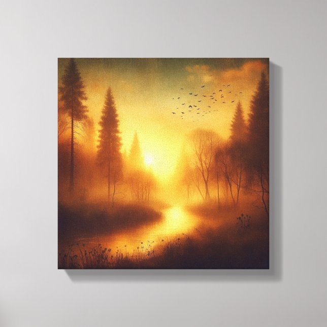 Impressão Em Tela Golden Twilight River Through Dreamy Forest (Frente)