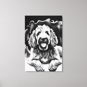 Impressão Em Tela Goldendoodle Art Black White Sketch "Happy Dog"