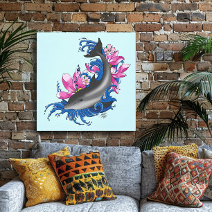 Impressão Em Tela Golfinhos Flores de Lotus Cerejeiros