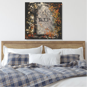 Impressão Em Tela Gótica Vintage R.I.P. Headstone E Folhas De Queda