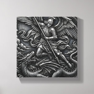 Impressão Em Tela Gótico Cristão Arcanjo São Miguel Metal Cinzento