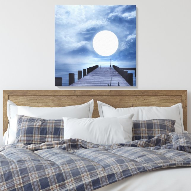 Impressão Em Tela Grande Lua Cheia no Fim do Cais do Oceano (Insitu(Quarto))