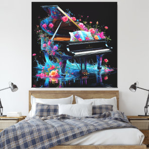 Impressão Em Tela Grande Piano Adorcido com Floral Artístico