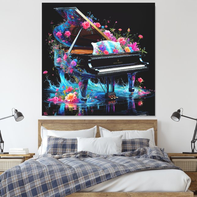 Impressão Em Tela Grande Piano Adorcido com Floral Artístico (Insitu(Quarto))