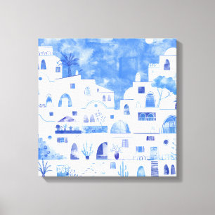 Impressão Em Tela Grécia Santorini Watercolor Townscape