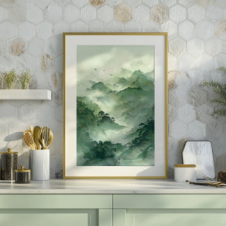 Impressão Em Tela Green Misty Mountain Landscape Art