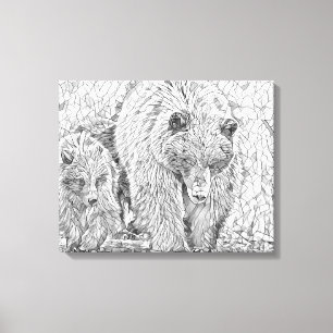 Impressão Em Tela Grizzly Bear & Cub Gray scale abstract coloring 