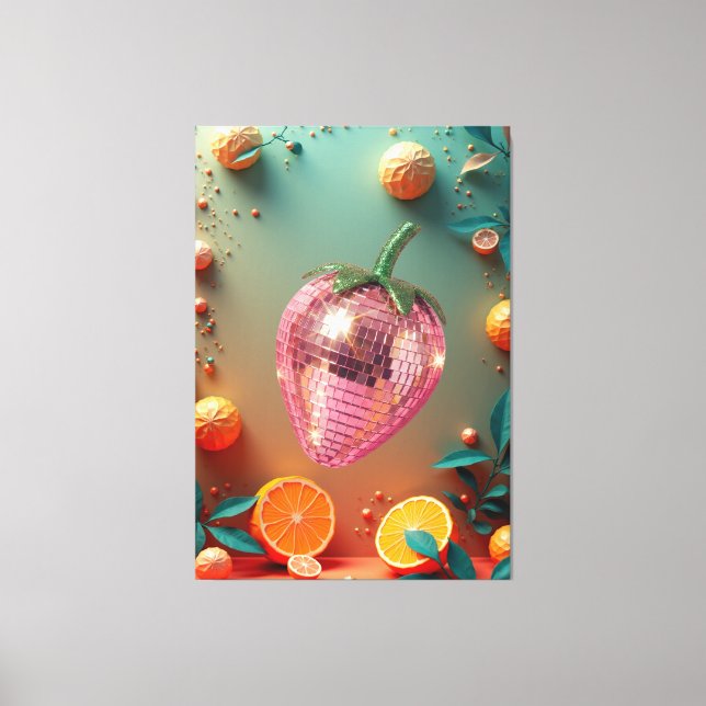 Impressão Em Tela Groovy Disco Ball Strawberry Fruit Pop Art Wall  (Frente)