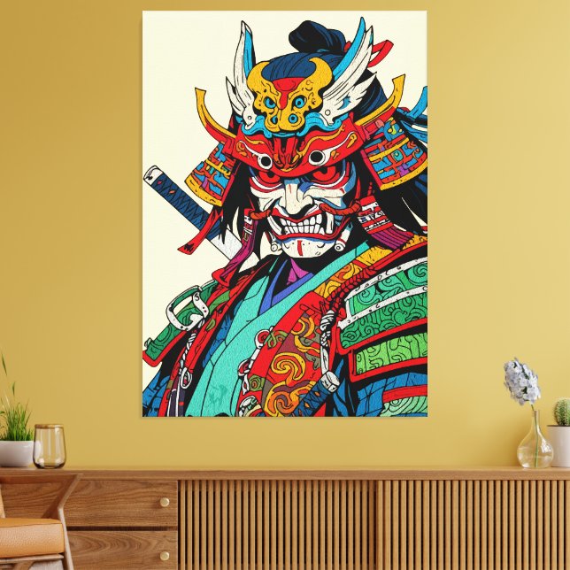 Impressão Em Tela Guerreiro feroz Samurai - Bushido japonês colorido (Insitu(Sala de estar))