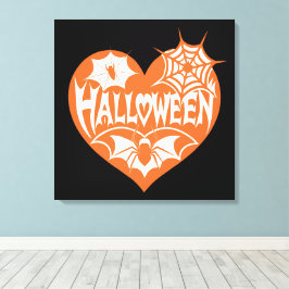 Impressão Em Tela Halloween Heart, Orange Heart Shape, Spider Web
