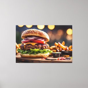 Impressão Em Tela Hamburger com Queijo e Batatas Fritas