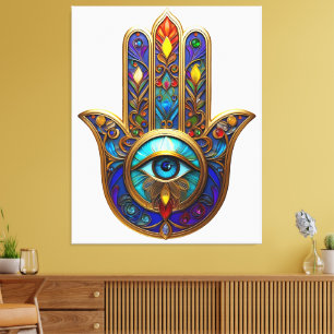 Impressão Em Tela Hamsa Colorido Dourado Terceiro Olho Turquesa Safi