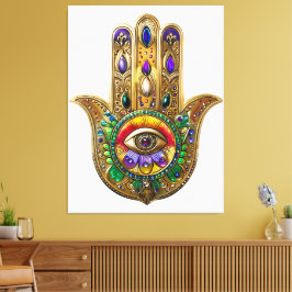 Impressão Em Tela Hamsa de Ouro Pintado com Ametista Rubi Terceiro O