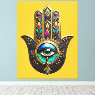 Impressão Em Tela Hamsa Dourado Marrom Colorido Olho Terceiro Arco-í
