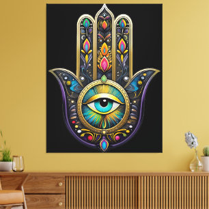 Impressão Em Tela Hamsa Preto Colorido com Terceiro Olho Turquesa