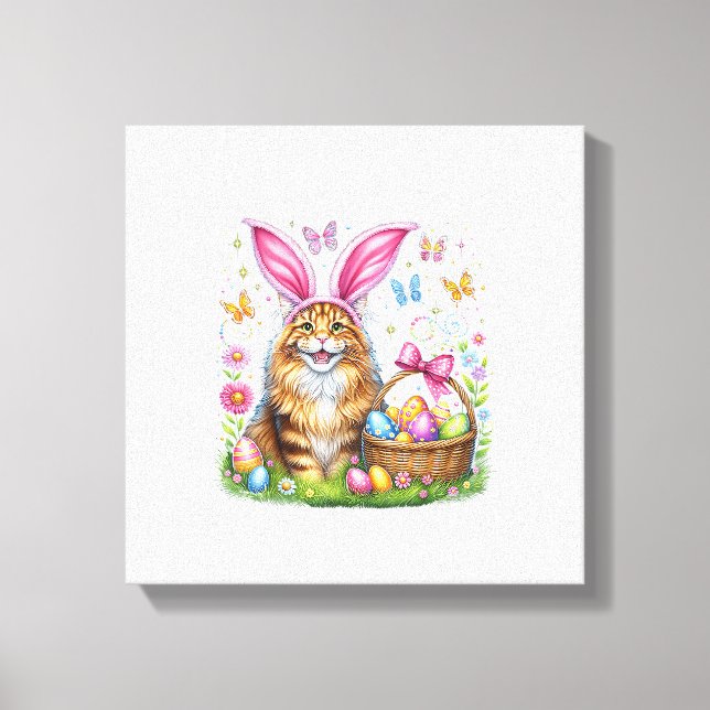 Impressão Em Tela Happy Easter Cute Bunny Maine Coon Cat Easter Eggs (Frente)