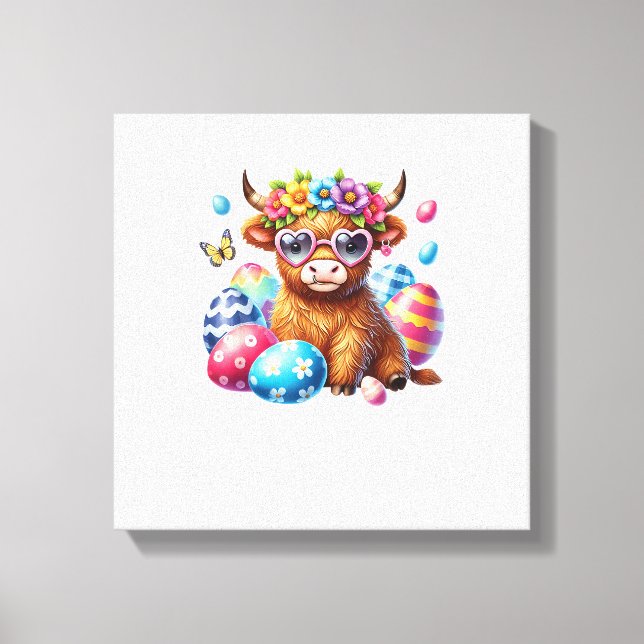 Impressão Em Tela Happy Easter Highland Cow Heifer Easter Day Farmer (Frente)