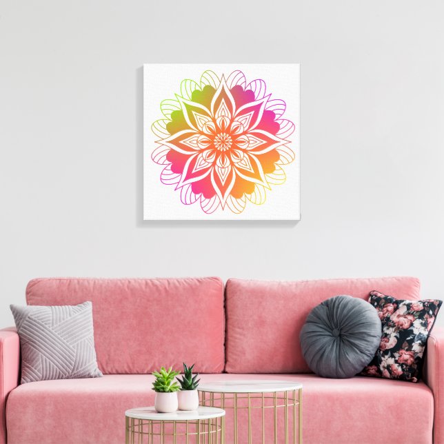 Impressão Em Tela Harmonia Radiante: Boho Orange e Pink Mandala (Insitu(Sala de estar))