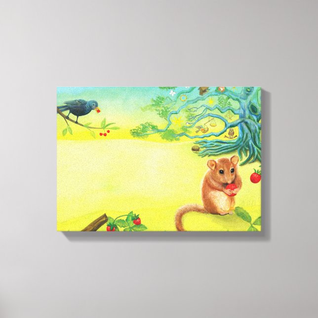 Impressão Em Tela Hazel Dormouse comendo morango selvagem (Frente)