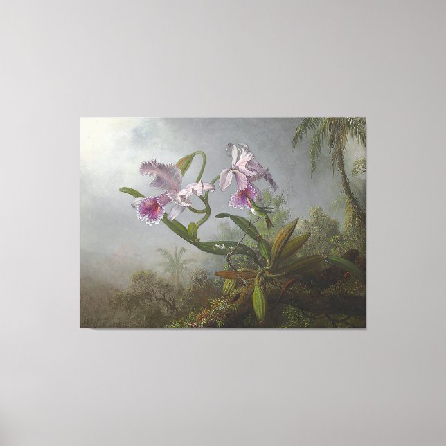Impressão Em Tela HEADE - Orquídeas Rosa e Hummingbird num galho - (Frente)