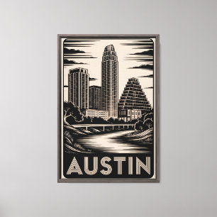 Impressão Em Tela Horizonte de Austin Texas Preto Branco Xilogravura