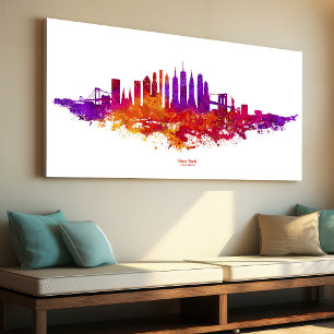 Impressão Em Tela Horizonte de Nova York Aquarela em Branco