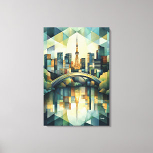 Impressão Em Tela Horizonte de Tóquio Geométrico Abstrato com Torre