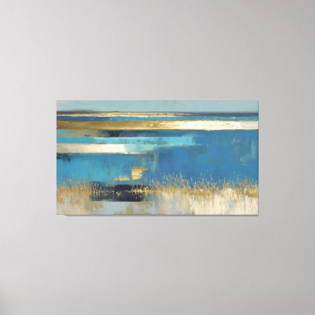 Impressão Em Tela Horizonte Tranquilo em Dourado e Azul (Frente)