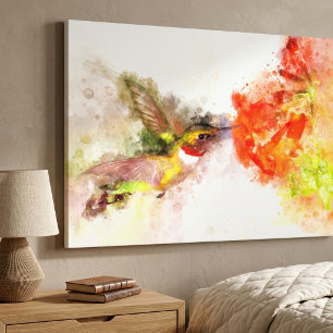 Impressão Em Tela Hummingbird voando com flor Watercolor - 05