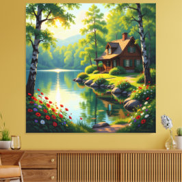 Impressão Em Tela Idyllisches Haus am See im Wald
