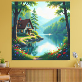Impressão Em Tela Idyllisches Haus am See im Wald