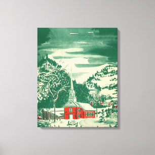 Impressão Em Tela Igreja natal vintage, Paisagem de Neve no inverno