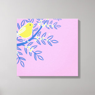 Impressão Em Tela Illustrated Yellow Bird on a Pink Background