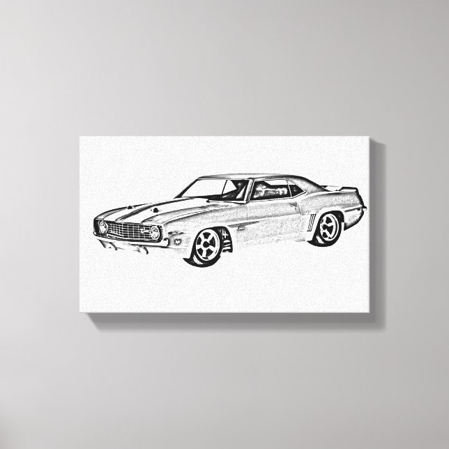 Impressão Em Tela Ilustração de Camaro Z28 preto e branco 1969 (Frente)
