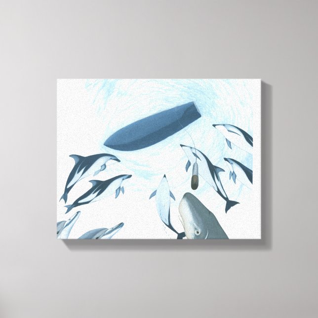 Impressão Em Tela Ilustração de golfinhos olhando para um barco (Frente)