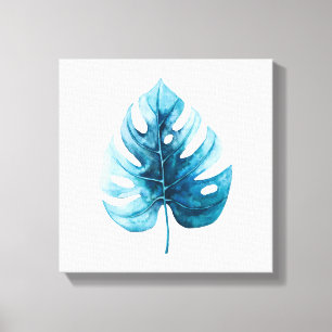 Impressão Em Tela Ilustração de Monstera Azul Tropical Watercolor
