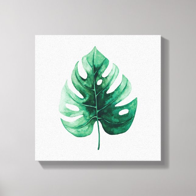 Impressão Em Tela Ilustração de Monstera Verde com Aquarela Tropical (Frente)
