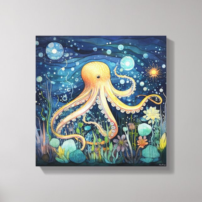 Impressão Em Tela Ilustração de Octopus Whimsical (Frente)