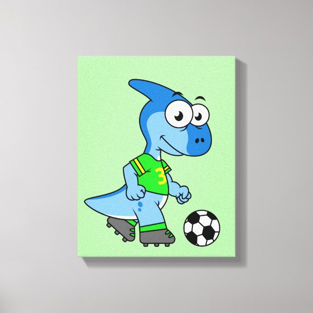 Impressão Em Tela Ilustração De Um Parasaurolofo Jogando Futebol. (Frente)