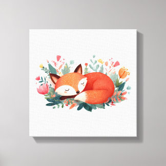 Impressão Em Tela Ilustração Fofa da Raposa Adormecida Floral
