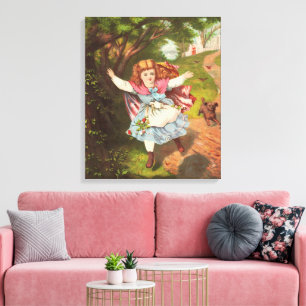 Impressão Em Tela Ilustração Litográfica Menina e Cachorro Retrô