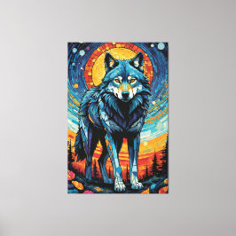 Impressão Em Tela Ilustração Mosaica Colorida do Lobo Majestoso