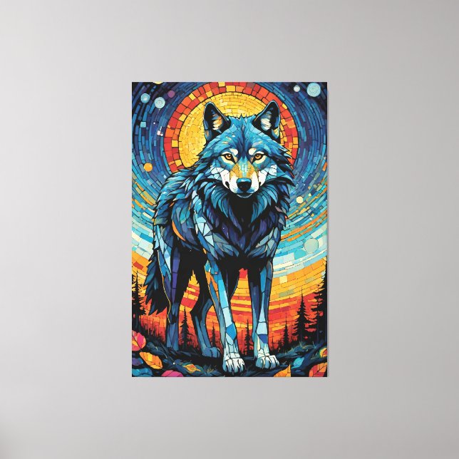 Impressão Em Tela Ilustração Mosaica Colorida do Lobo Majestoso (Frente)