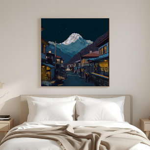 Impressão Em Tela Ilustração Noturna de Namche Bazaar sob o Everest