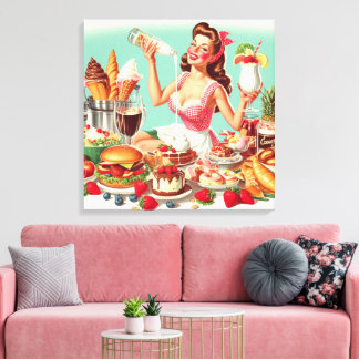 Impressão Em Tela Ilustração Pin-Up da Comida Vintage