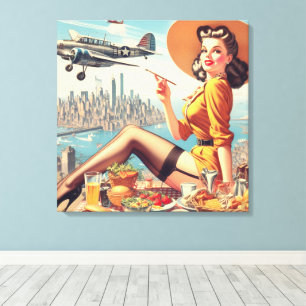 Impressão Em Tela Ilustração Pin-up do Avião Retro