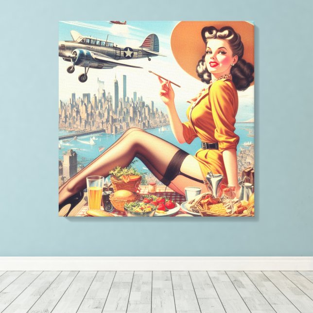 Impressão Em Tela Ilustração Pin-up do Avião Retro (Insitu(piso de madeira))