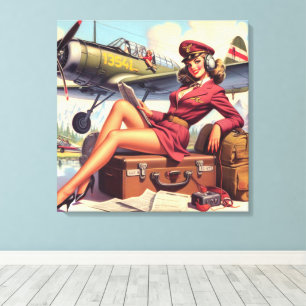 Impressão Em Tela Ilustração Pin-Up do Avião Vintage